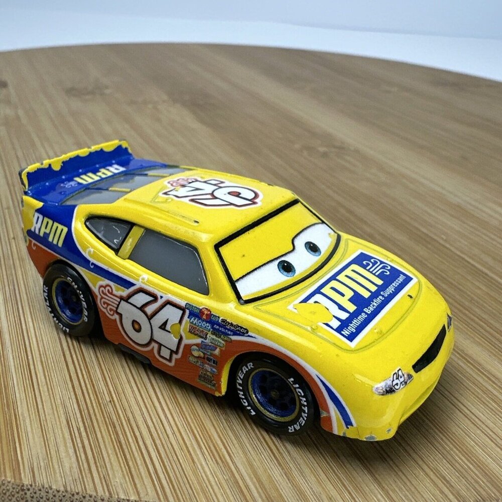 Disney Pixar Cars Diecast Mattel RPM #64 Yellow Blue Race Car Rubber Tires